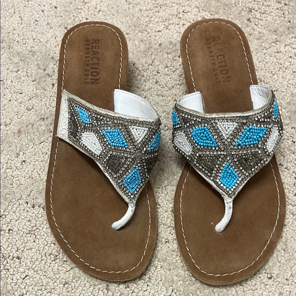 Kenneth Cole Reaction Beaded Leather Sandals - White and Blue NWOT